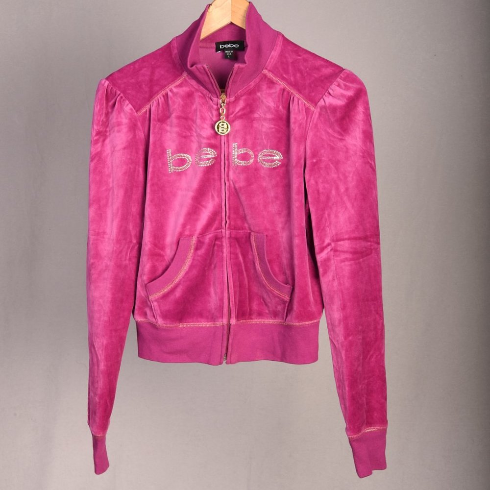 Y2K Bebe Modern Revival Pink Velour Zip Up Sweatshirt Size L
